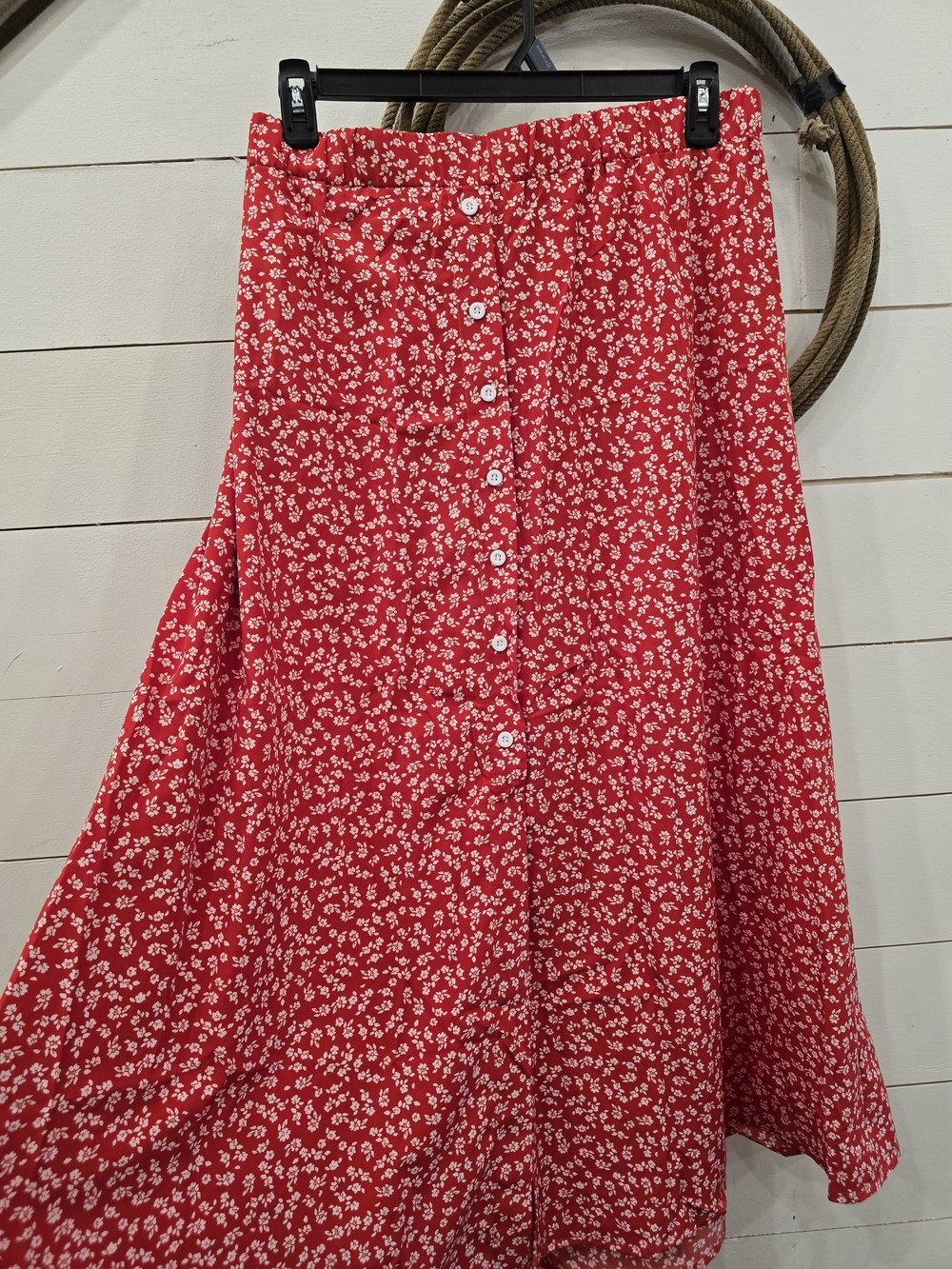 SHEIN Red Button-Front Maxi Skirt with White Floral Print
